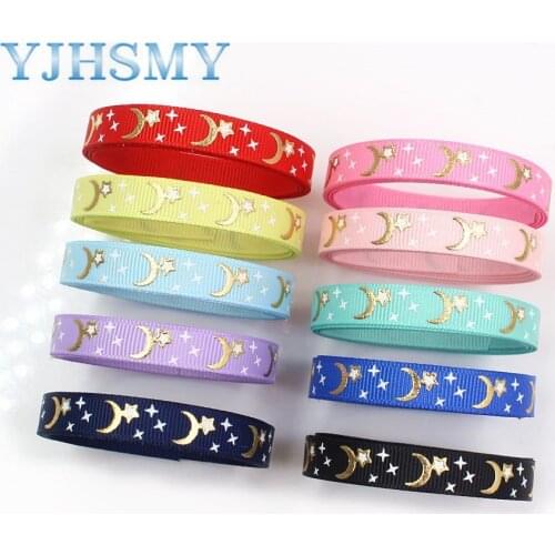 YJHSMY I-19418-1025,10yards 3/8"(10mm) Solid color Hot stamping stars moon Ribbons,DIY bow cap accessories and decorations