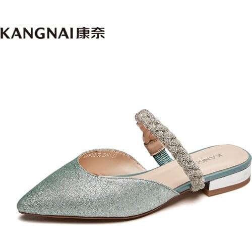 KANGNAI Women Mules Pointed Toe Bling Party Shoes Elegant Slip-On Elastic Band Summer Ladies Flat Shoes