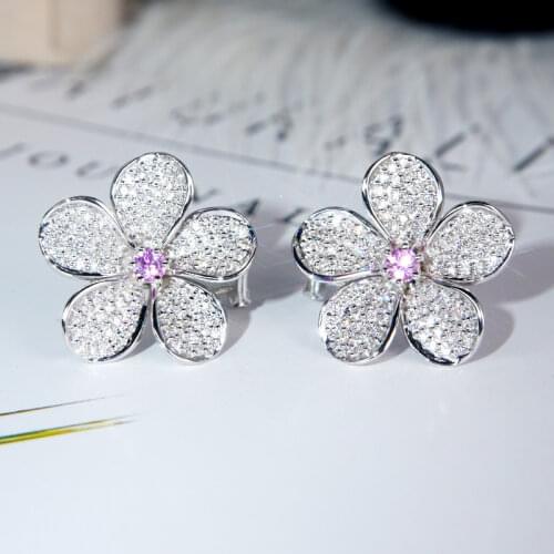 High quality white zircon Platinum Pink Full zircon Flower Stud Earrings for women wedding party engagement jewelry gift