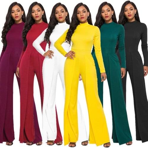 New Spring And Autumn European And American Fashion Sexy Womens Pure Color Round Neck Long Sleeve Wide Leg Jumpsuit 2021