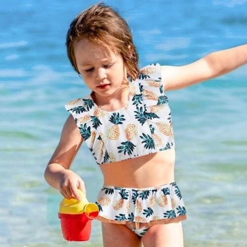 Ruffled Pineapple Swimsuits Toddler Kids Girls Two-pieces Bathing Quick Dry Swimwear Summer Tankini Bikini Suit Beachwear 2021