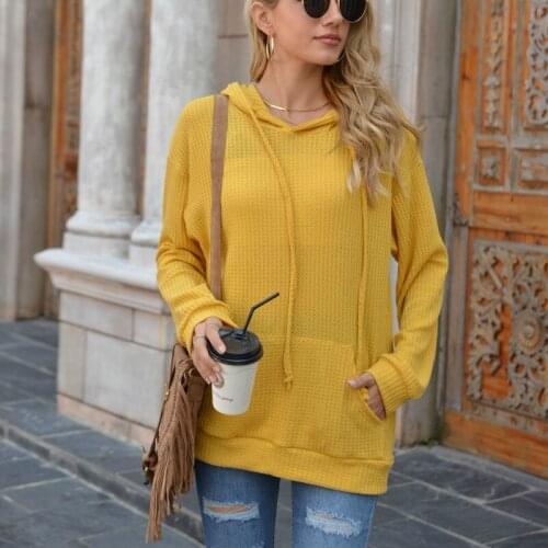 Autumn Winter Women Loose-fitting Waffle Pocket Hooded Sweatshirt Casual Solid Long Sleeve Loose Pullover Blouse