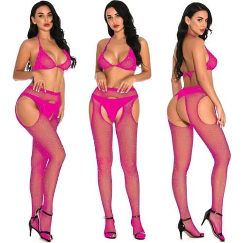 Ladies Sexy Lingerie Four Side Open Hot Diamond Pantyhose Stretch Fishnet Stockings Charming Mesh Nylon Tights Hollow Stockings