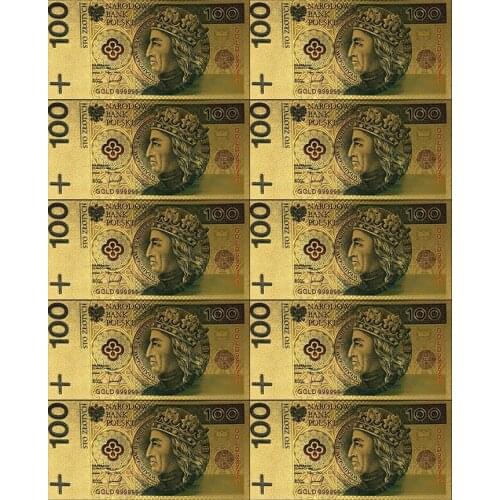 10 Pieces / Set of Color Polish 24K Gold Banknotes 100 Zloty Collection Gifts