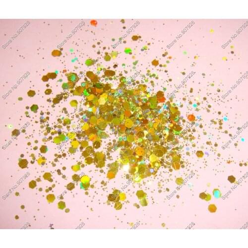 50gram/bag x Mixed Laser Gold Colors(Glitter Powder+Hexagon)Shape for Nail Art Decoration and Glitter Crafts