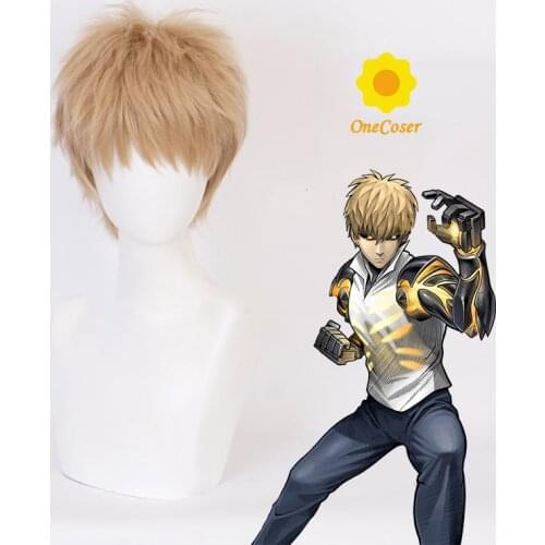 Anime ONE PUNCH-MAN Genos Cosplay Short Brown Wig Synthetic Hair + Free Wig Cap Halloween Party Role Play Prop Men