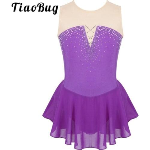 TiaoBug Kids Teens Shiny Rhinestone Dancewear Girls Mesh Ballet Gymnastics Leotard Figure Skating Dress Lyrical Dance Costumes