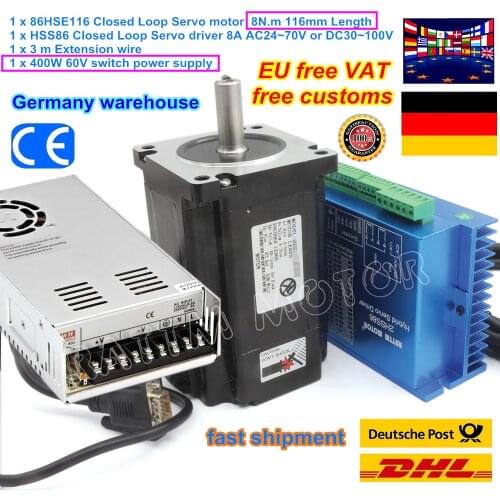 DE Free VAT NEMA34 Closed Loop Servo Motor 6A 8N.m & HSS86 8A Hybrid Steppper Driver & 400W 60V Power supply CNC Controller Kit