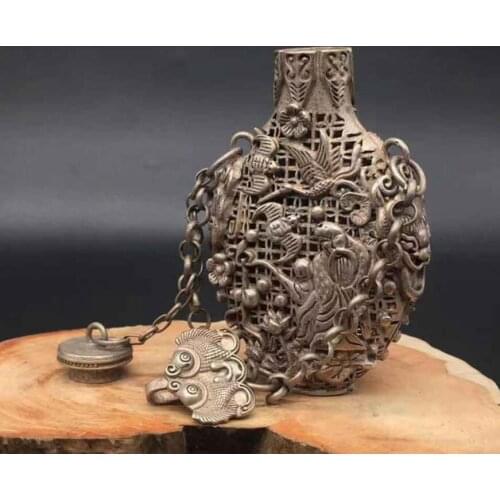Decoration bronze factory outlets Tibet Silver Marked Chinese Silver Buddhism Dragon Lion Head Statue Fu Shou Pot Vase Jug