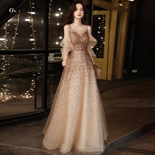 Gold Sequin Long Dresses Evening Wear Elegant O-neck A-line Floor-length Shiny Sparkly Prom Party Dresses 2021