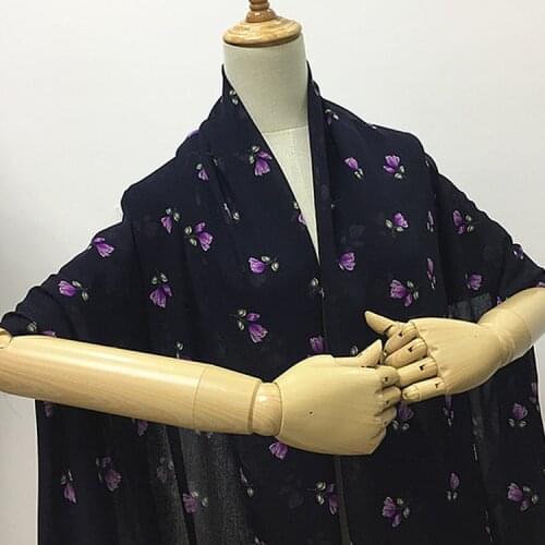 Purple floral print on black pure natural silk crinkle georgette gauze fabric,SCG722