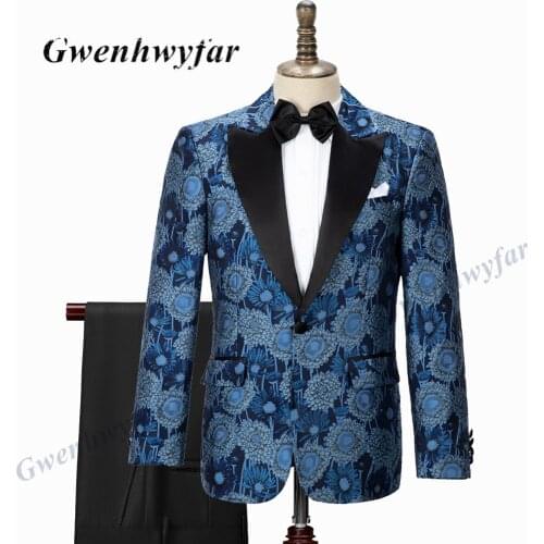 Gwenhwyfar 2021 New Sunflowers under the night sky Pattern Men Suits Blazer Pants Custom Artistic Jacquard Groom Wedding Suits