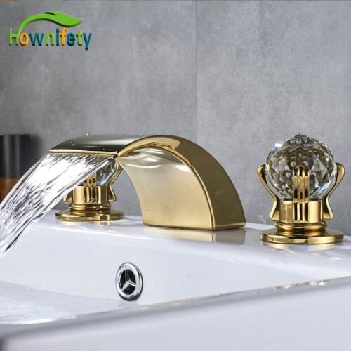 Chrome orb brushed gold Bathroom Basin Faucet Hot Cold mixer Faucet Three Holes Two Handle Mixers Tap Deck Mount Crystal handle