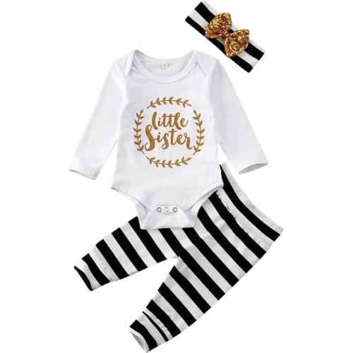 Newborn Baby Clothes Set Little Sister Letter Print Girl Long Sleeve Letter Romper Tops Jumpsuit+Striped Pants+Headband Outfits