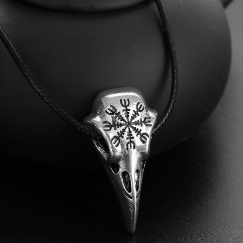 Raven Pendant Necklace Stainless Steel Crow skull Pendant Odin Rune Amulet Mens Necklace Viking Jewelry
