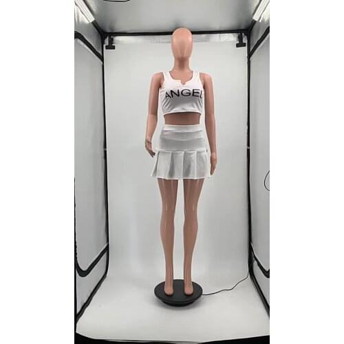 Custom Summer Fashion Crop Top Vest Skirt Tennis Skirt Set Angel Letter Printing Two Piece Skirt Set Women Clothing