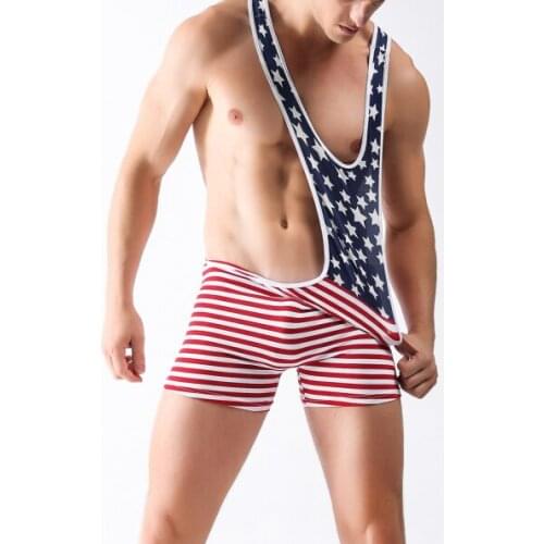 Mens Wrestling Singlet Outfit Bodywear Sexy Shaper Body Suit America Flag Bodysuit for Man Playsuit Workout Leotard G75
