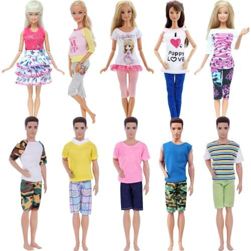 10 Set Doll Outfits Couple Summer Daily Short Pants T-shirt Cute Skirt Clothes for Barbie Doll for Ken Doll Accessories DIY Toys