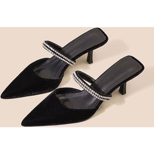 Early Autumn New Rhinestone Pointed Toe Stiletto Toe Box Half Slippers Socialite Style Elegant High Heels for Women