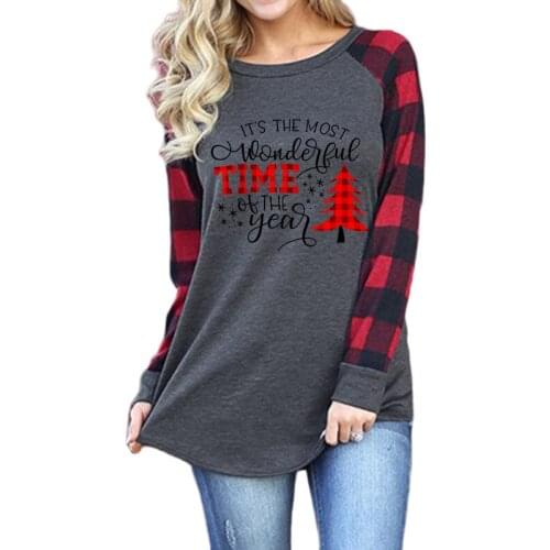 Autumn New Women T Shirts Most Wonderful Time Christmas Printed Long Sleeve Plaid Tops