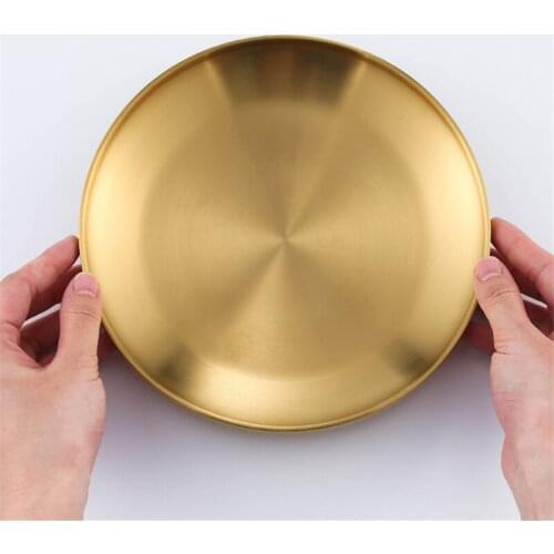Dinner set plates and dishes Double insulated 304 stainless steel plate Korean gold disc Dinner plate Flat bottom fruit tray