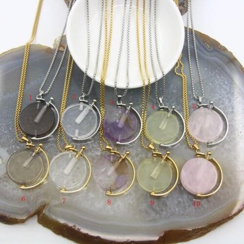 Round Shape Chakra Rose Quartzs/AmethystsPerfume Bottle Pendant Necklace,Healing Lemon Crystal Essential Oil Diffuser Vial