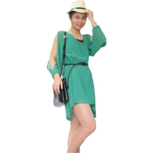 Beach Summer Dress Women Chiffon Loose Plus Size Party Long Sleeve Short Sexy Casual Mini Have Interlining Red blue