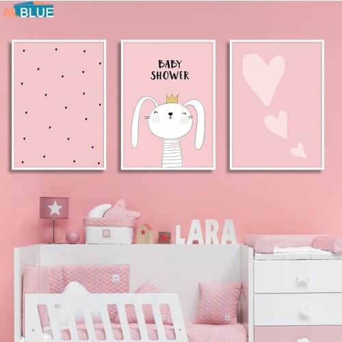 Cute Rabbit Poster Nordic Style Nursery Kids Wall Pictures Baby Girl Canvas Art Prints Pink Heart Wall Painting For Kids Room