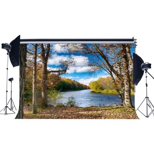 Nature Autumn Backdrop Falling Leaves Backdrops River Jungle Forest Trees Blue Sky White Cloud Photography Background
