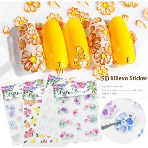 5D Embossed Flower Nail Stickers Transfer Decals Decoration Nail Art Accessories DIY Charms 2021 New Design Maple Leaf Rose