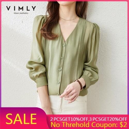 VIMLY Women Shirts Fashion V Neck Puff Sleeve Solid Chiffon Button up Shirt Vintage Tops Elegant Female Blusas F6253