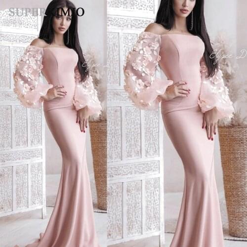 SuperKimJo Flare Sleeve Pink Evening Dresses Long 2020 3D Flowers Off the Shoulder Mermaid Arabic Evening Gown Robe De Soiree