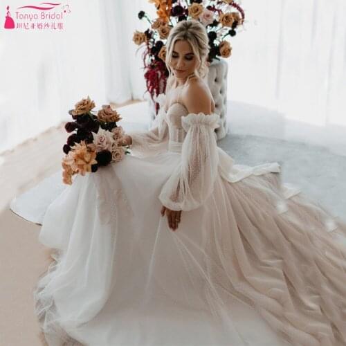 Lantern Sleeve Dot Tulle Wedding Dresses A Line Boho Lace Up Bridal Gowns Sweetheart Charming Vestido De Noivas ZW447