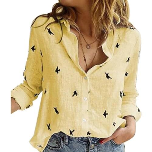 Birds Print Loose Shirts Women Cotton and Linen Blouses and Tops Vintage Casual Long Sleeve Streetwear Plus Size 5XL Tunic Blusa