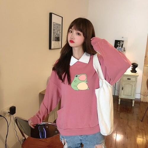 Sweetshirt Kpop Clothes Hoodies Cute Sweatshirt No Hood Kawaii Frog Printing Thin Long Sleeve Shirt with Hoodie for Women