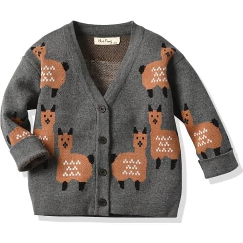Kids Knitting Sweaters V-Neck Long-Sleeve Casual Alpaca Printed Buttons Cardigan Outdoor Unisex Fall Top Coat For 2-6 Years Girl