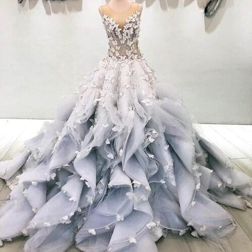 Gorgeous 3D Flower Lush Ball Gowns Ruffles Tiered Lace Prom Dresses Pretty Women Dancing Party Formal Dresses