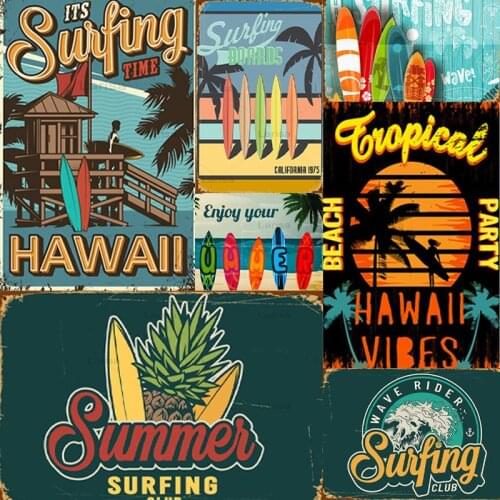Vintage Hawaii Surf Time Metal Tin Signs Wall Art Painting Plate Seaside Beach Poster Plaque for Bar Pub Club Surf Shop Decor