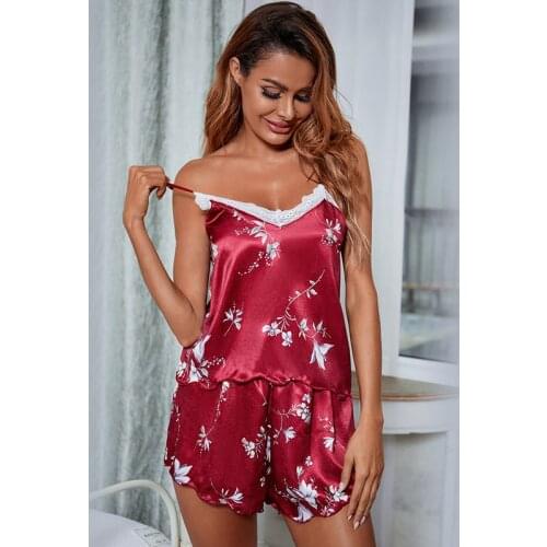 Women Sleepwear Summer Pajama Set Satin Female Home Wear Sexy Lingerie Lace Crop Top Shorts Sleepwear Nightwear Femme Night Suit