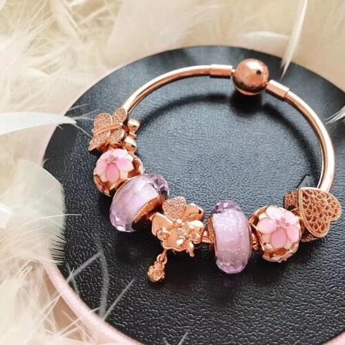 100% 925 Sterling Silver Fashion Mulan And Rose Gold Butterfly Pan Beaded Set Bracelet For Women Wedding Party Fashion Jewelry