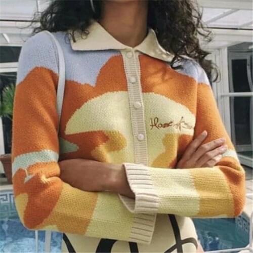 2021 Autumn New Contrast Color Lapel Long-sleeved Sweater Womens Retro Flavor Small Fragrance Gentle Wind Knitted Cardigan
