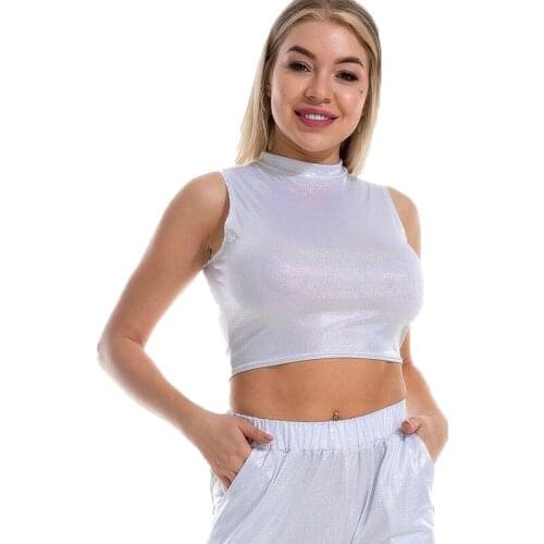 Female Metallic Crop Top With Pole Dance Costume Bodysuit Spandex Shiny Vest Rave Music Festival Tank Top Clubwear Faux Leather
