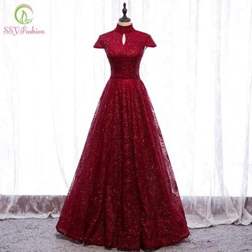 SSYFashion New Banquet Elegant Wine Red Evening Dress for Women Vintage High-neck Sequins Long Prom Gown Vestidos De Fiesta