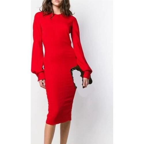 Chic Full Sleeve Women Pencil Dress Simple Cut Back Zipper Split Bottom Fashion Package Hip Sexy Lady Slim Elegant Long Dresses