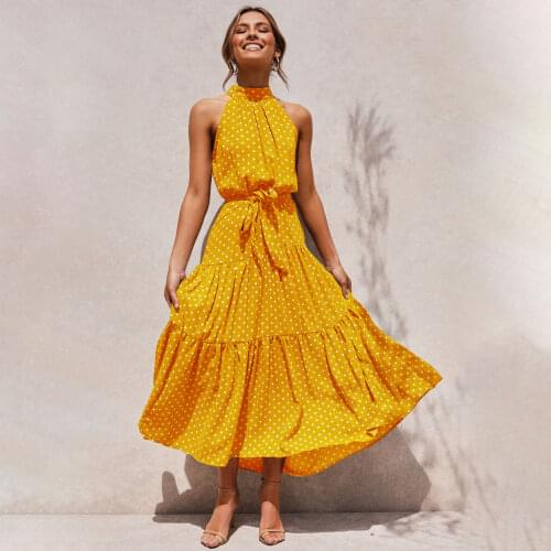 Long Dress Halter Neck Polka Dot Printed Women Dress 2020 Summer Dress Halter Neck Belt Multicolor Printing Fashion Dresses