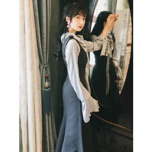 2019 new fashion womens two piece dress feminine two-piece bow shirt + dress