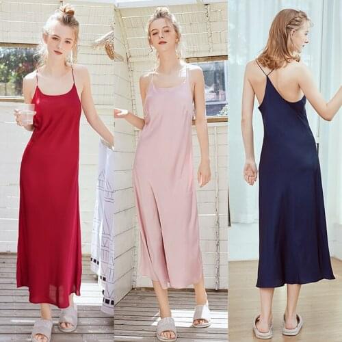 Ladies Sexy Silk Satin Night Dress Long Night Gown Sleeveless Nightwear Solid Sleep Wear Fashion Home Wear For Women