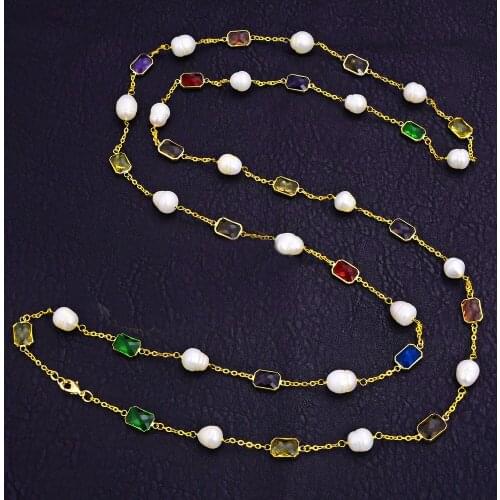 Womens Jewelry Natural Pearl 60'' White Rice Pearl Crystal 18k Plated Chain Necklace