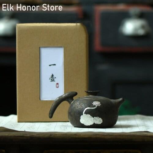 210ml Vintage Handmade Crescent Handle Ceramic Teapot Kiln Fambe Pottery Single Pots Lotus Silver Art Puer Teaset Gift Packaging