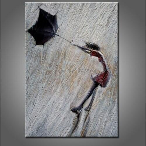 Free Shipping Low Price Modern Oil Painting Artist Hand-painted Rainy Day Catching Umbrella Lady Portrait Oil Painting